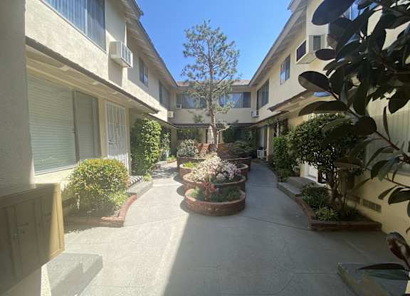 A courtyard with a tree and flower beds between buildings.