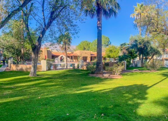 Community filled with lush landscaping and mature trees at La Hacienda Apartments in Tucson, AZ!