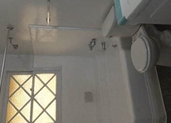 A bathroom with a shower and a window.