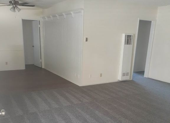 A room with a grey carpet and a ceiling fan.