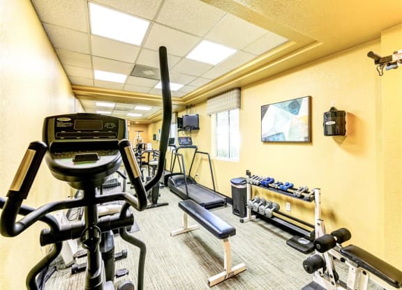 Fitness Center with Cardio and weight training at Country Club at Valley View Senior Apartments in Las Vegas, NV, For Rent. Now leasing 1 and 2 bedroom apartments.