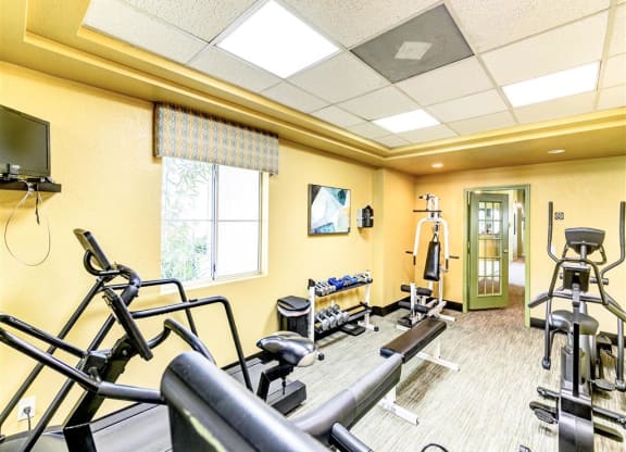 Fitness Center with cardio and weight training at Country Club at Valley View Senior Apartments in Las Vegas, NV, For Rent. Now leasing 1 and 2 bedroom apartments.