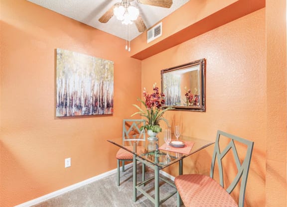 Dining nook with ceiling fan at Country Club at Valley View Senior Apartments in Las Vegas, NV, For Rent. Now leasing 1 and 2 bedroom apartments.