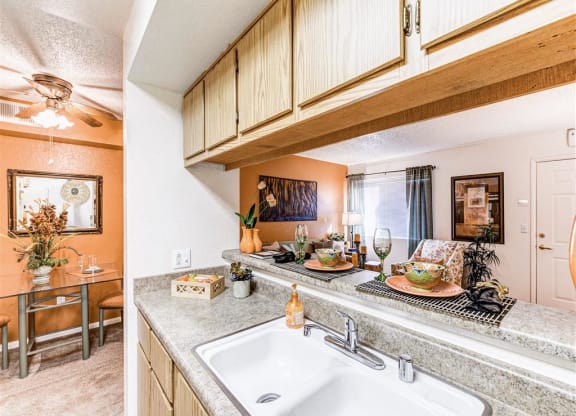 Dine in pass through kitchen at Country Club at Valley View Senior Apartments in Las Vegas, NV, For Rent. Now leasing 1 and 2 bedroom apartments.