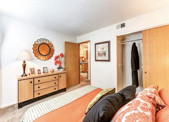 Closet space in bedroom at Country Club at Valley View Senior Apartments in Las Vegas, NV, For Rent. Now leasing 1 and 2 bedroom apartments.