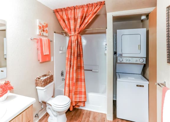 Stacked washer dryer of Country Club at Valley View Senior Apartments in Las Vegas, NV, For Rent. Now leasing 1 and 2 bedroom apartments.