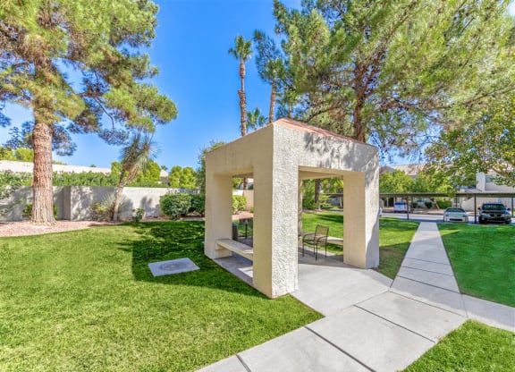 Gazebos and community picnic area of Country Club at Valley View Senior Apartments in Las Vegas, NV, For Rent. Now leasing 1 and 2 bedroom apartments.