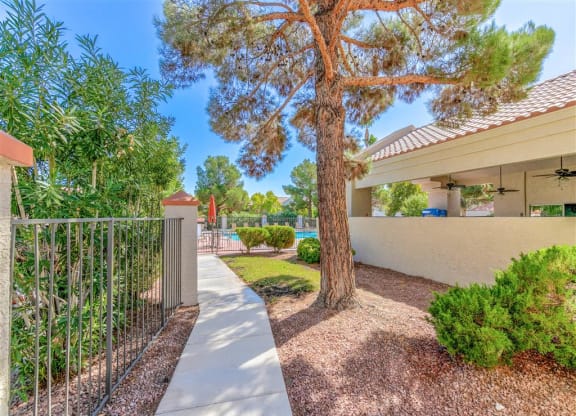Walking path of Country Club at Valley View Senior Apartments in Las Vegas, NV, For Rent. Now leasing 1 and 2 bedroom apartments.