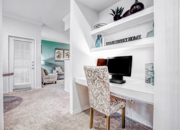 Built in Office, desk at The Remington at Memorial in Tulsa, OK, For Rent. Now leasing 1 and 2 bedroom apartments.