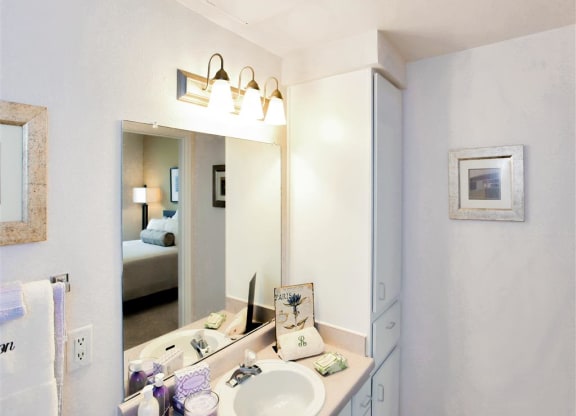 Bathroom vanity at The Remington at Memorial in Tulsa, OK, For Rent. Now leasing 1 and 2 bedroom apartments.