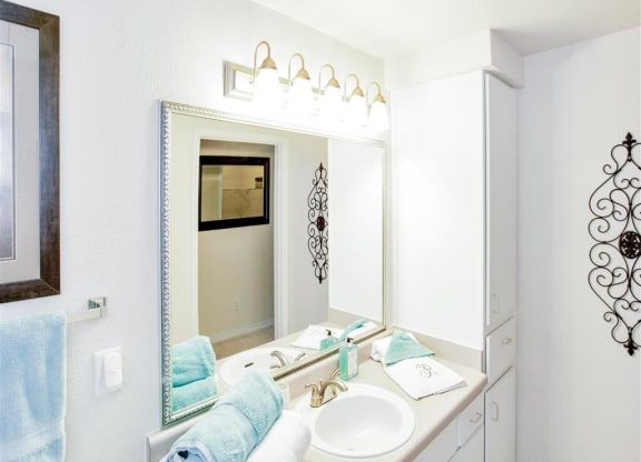 Bathroom vanity at The Remington at Memorial in Tulsa, OK, For Rent. Now leasing 1 and 2 bedroom apartments.