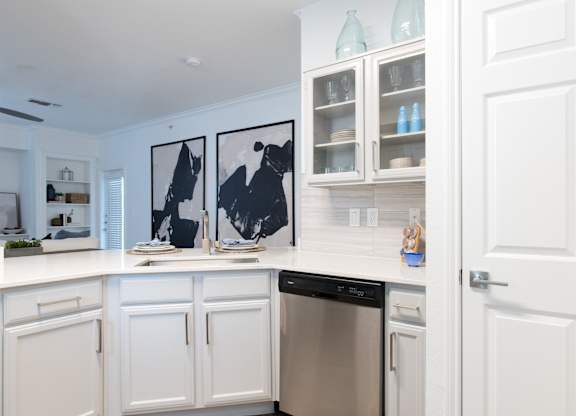 White kitchen with stainless steel dishwasher and glass cabinets at Silverado Apartments, Texas, 75034