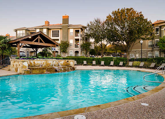 Resort style pool with waterfall feature at Silverado Apartments, Frisco, 75034