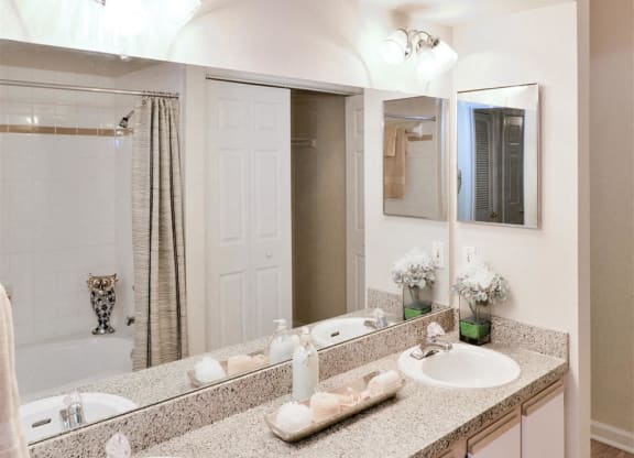 Double bathroom vanity at Montfort Place in North Dallas, TX, For Rent. Now leasing 1 and 2 bedroom apartments.