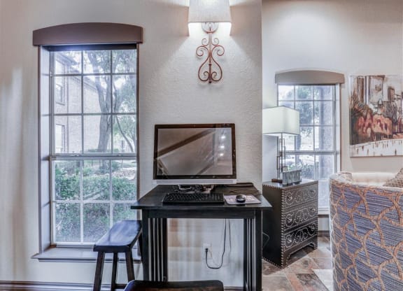 Internet access at Clubhouse at Trinity Square Apartments in North Dallas, TX, For Rent. Now leasing 1 and 2 bedroom apartments.