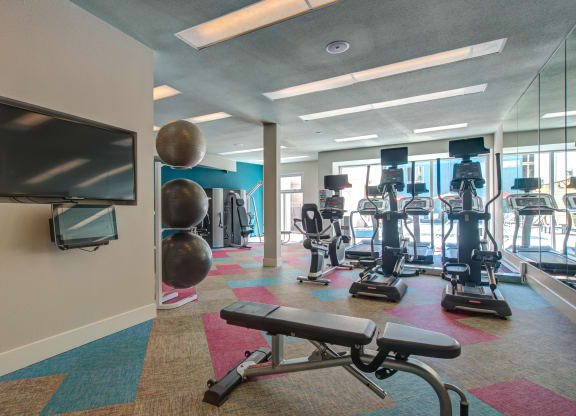 a gym with cardio equipment and a flat screen tv