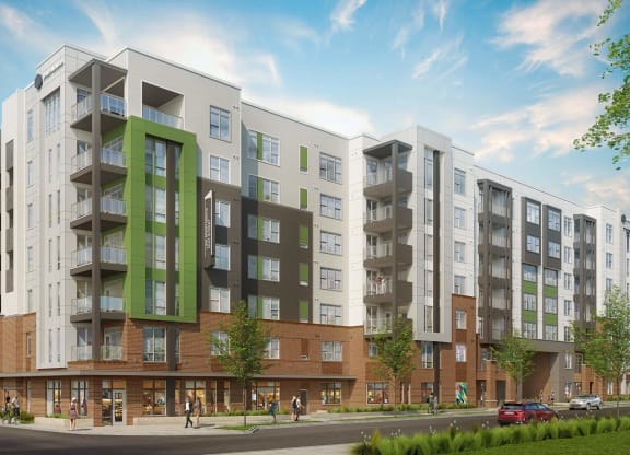a rendering of an apartment building on a city street at Link Apartments® Calyx, North Carolina