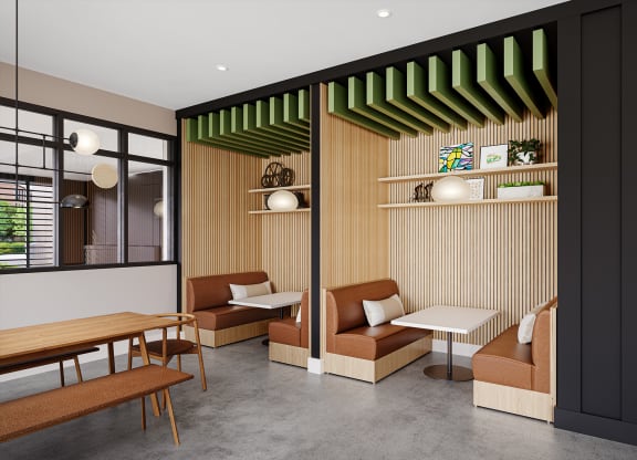 a rendering of a coffee shop with chairs and tables at Link Apartments® CYKEL Apartments, North Carolina, 28208