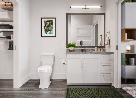 a bathroom with a toilet and a sink and a mirror at Link Apartments® CYKEL Apartments, Charlotte , NC 28208