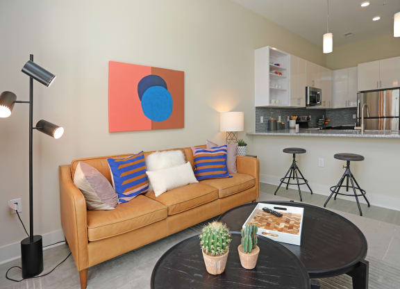 Living Room With Kitchen View at Link Apartments Innovation Quarter, Winston Salem, North Carolina