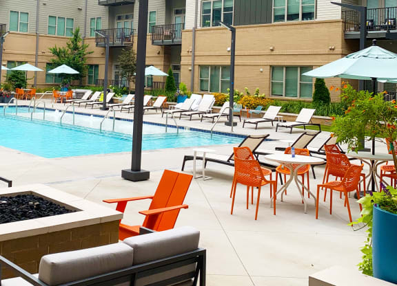 Poolside Gas Fire Pit at Link Apartments Innovation Quarter, Winston Salem