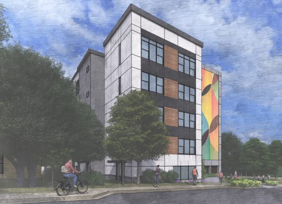 a rendering of a tall building with a person riding a bike at Link Apartments® CYKEL Apartments, Charlotte , North Carolina