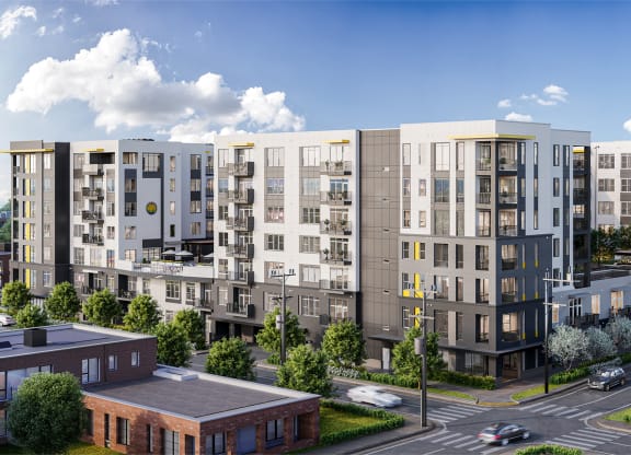 a rendering of an apartment complex on a city street at Link Apartments® Mint Street, North Carolina