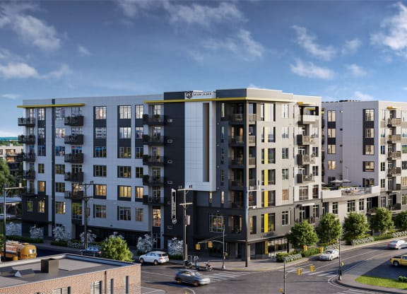 a rendering of an apartment building with a blue sky in the background at Link Apartments® Mint Street, Charlotte, NC, 28203