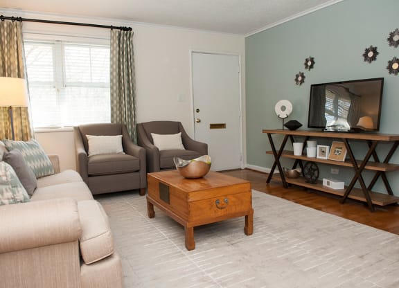 Living Room With Expansive Window at Glen Lennox Apartments, Chapel Hill, NC, 27514