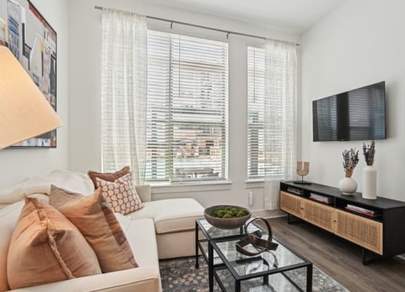 a living room with a couch and a table     and a television