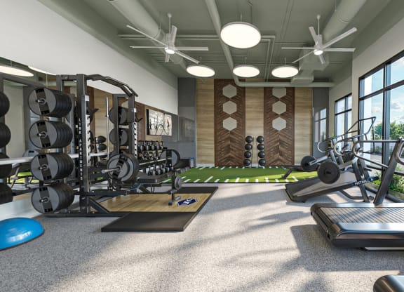 a gym with weights and other exercise equipment in a room with windows