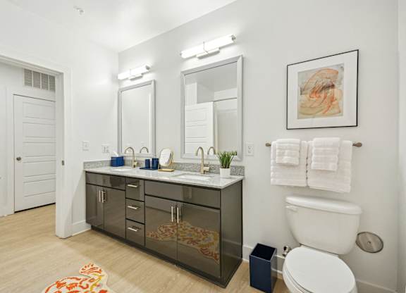 a bathroom with a sink and a toilet and a mirror at Link Apartments® Calyx, North Carolina