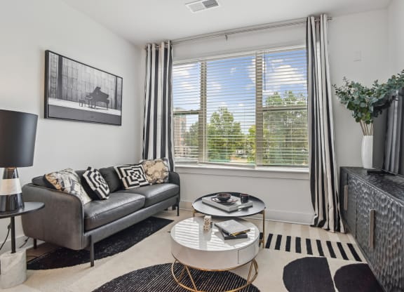 a living room with a couch and a coffee table at Link Apartments® Mint Street, Charlotte, NC, 28203