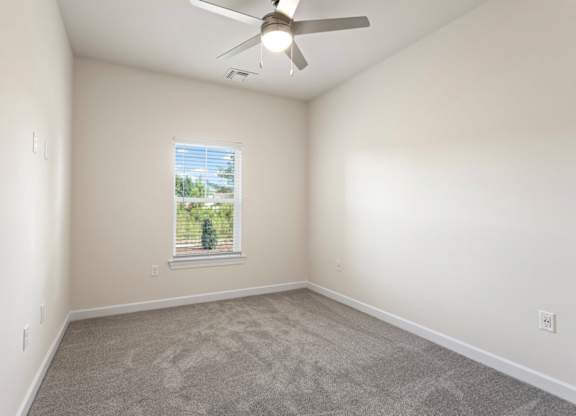 Peaks of Lexington Apartments Bedroom with Ceiling Fan, Light, Window and Gray Carpet and Connected Bathroom