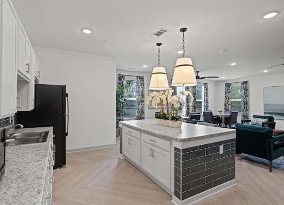 Ovata at Reedy Creek Senior Apartments in Charlotte NC community kitchen with modern appliances and dining room tables
