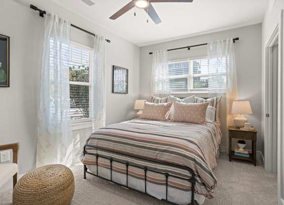 Pet-Friendly Apartments in Clemson, SC - Falls at Meehan Apartments - A Bedroom Features A Striped Bedspread, Sheer White Curtains, Matching Bedside Lamps, And A Ceiling Fan.