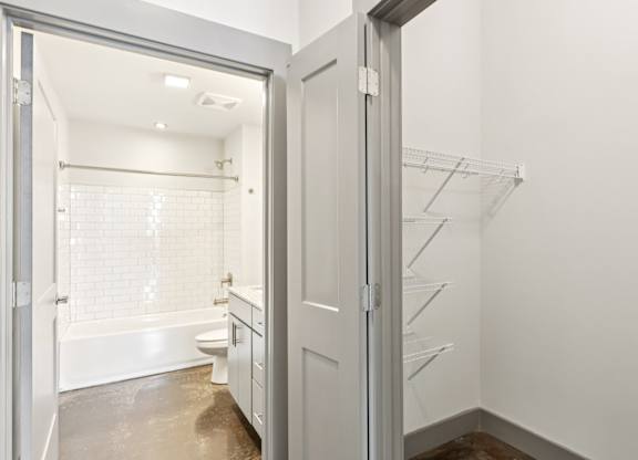 Closet and bathroom at Converse Mill Lofts in Spartanburg, SC