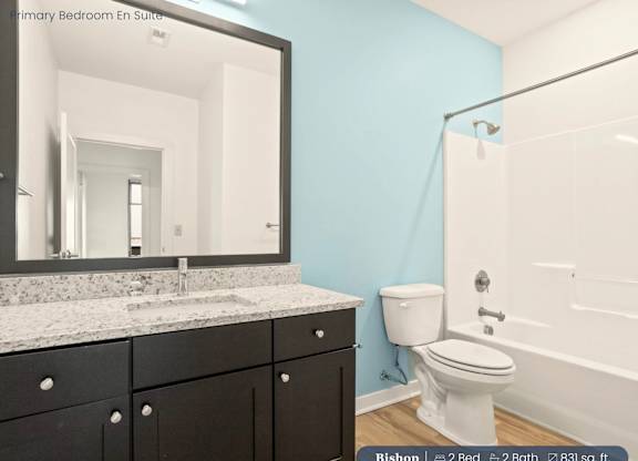 A bathroom with a white toilet and a mirror above a counter.
