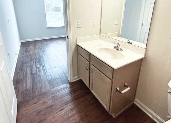 A bathroom with a sink and a mirror.