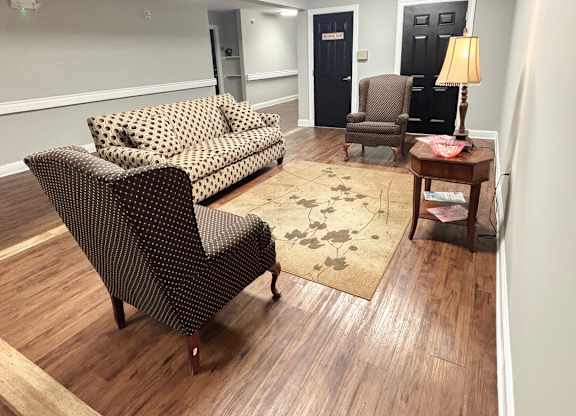 A living room with a couch, chair, and rug.