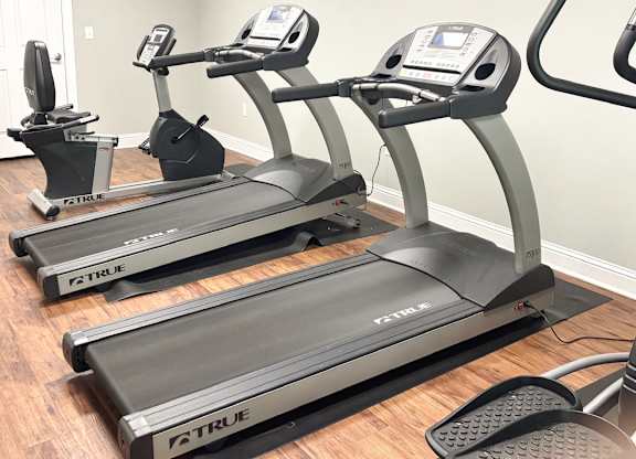 A gym with treadmills and elliptical machines.