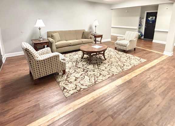 A living room with a couch, chair, and rug.