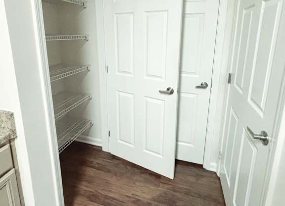 A white door is open in a kitchen with a closet