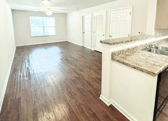 A kitchen with a sink and a window.