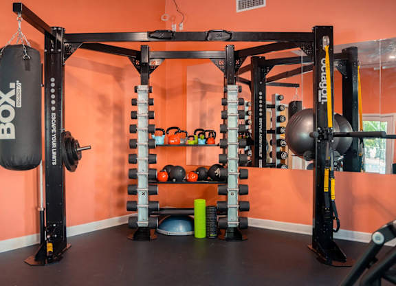 A gym with a punching bag and weightlifting equipment.
