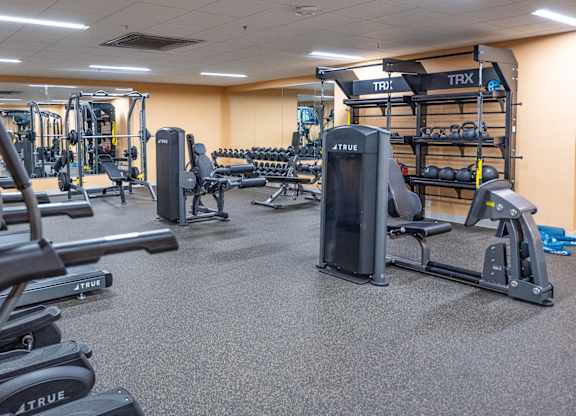 A gym with a variety of exercise equipment including treadmills, stationary bikes, and weight machines.