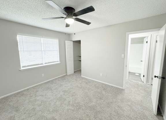 Reserve at Hillcrest bedroom with closet with shelves, a gray carpet, a window, a ceiling fan and a light