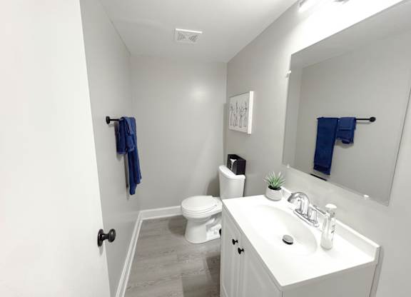 Reserve at Hillcrest Townhomes model unit half bath with blue towel