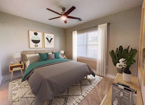 A bedroom with a bed, a ceiling fan, and a window with white curtains.