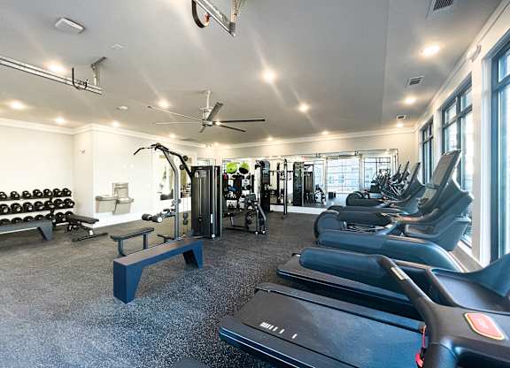 Anderson, SC Luxury Apartments - Falls at Meehan - State-of-the-Art Wellness Center With Peloton Bike, Cardio & Weight Machines, Large Windows, Water Station, Full-Body Mirrors, Ceiling Fans, Workout Bench, And Dumbells
